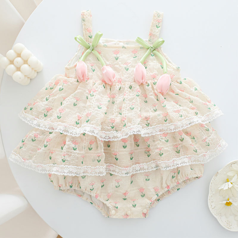 Baby Clothing Brand - ชุดบอดี้สูทเด็กผู้หญิงลายดอกไม้ 3 มิติ ผ้าบางระบายอากาศดี แต่งลูกไม้ กระโปรงบัลเลต์