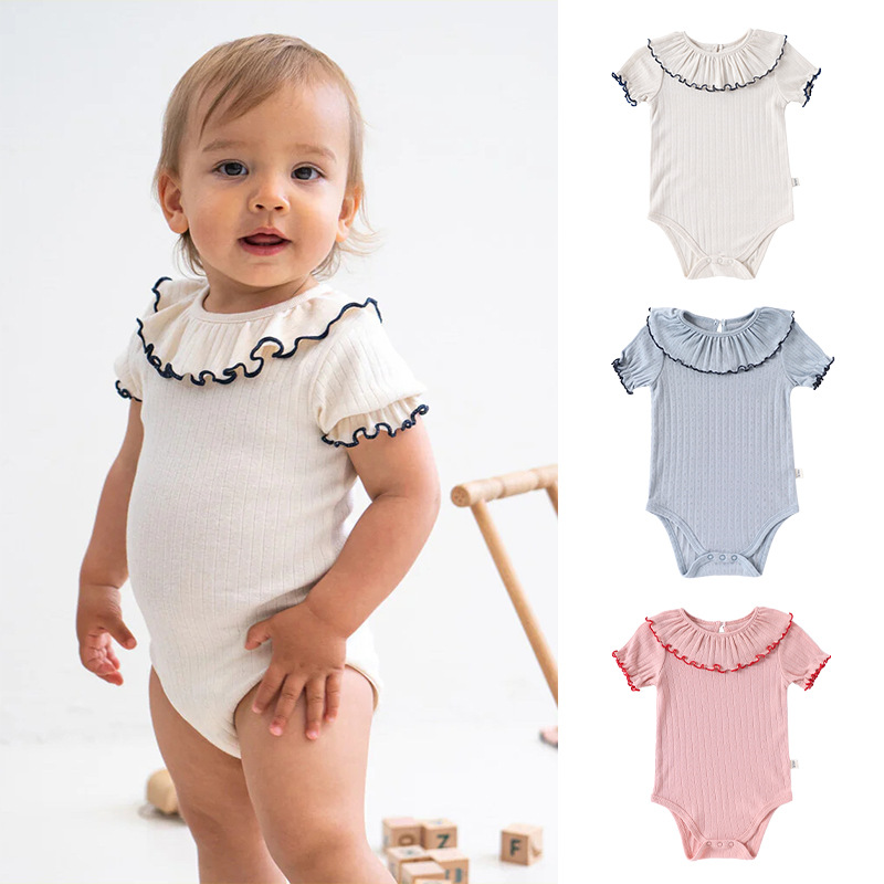 Baby Clothing Layers - ชุดบอดี้สูททรงสามเหลี่ยมสำหรับเด็กผู้หญิง ผ้าฝ้ายแท้ คอระบาย ชุดเด็กอ่อนบางๆ เสื้อผ้าแฟชั่นสำหรับเด็กผู้หญิง