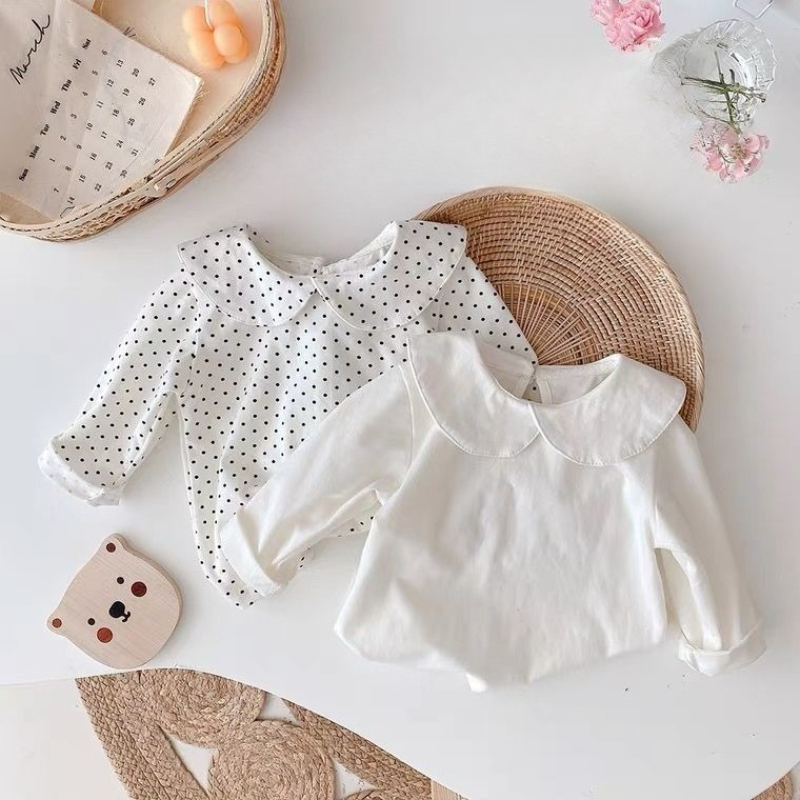 Baby Clothing Layers - เสื้อยืดแขนยาวเด็กผู้หญิง คอปกสีขาว สำหรับฤดูใบไม้ผลิและฤดูใบไม้ร่วง เสื้อชั้นในสีพื้นเรียบง่าย แฟชั่นลำลองสำหรับเด็ก