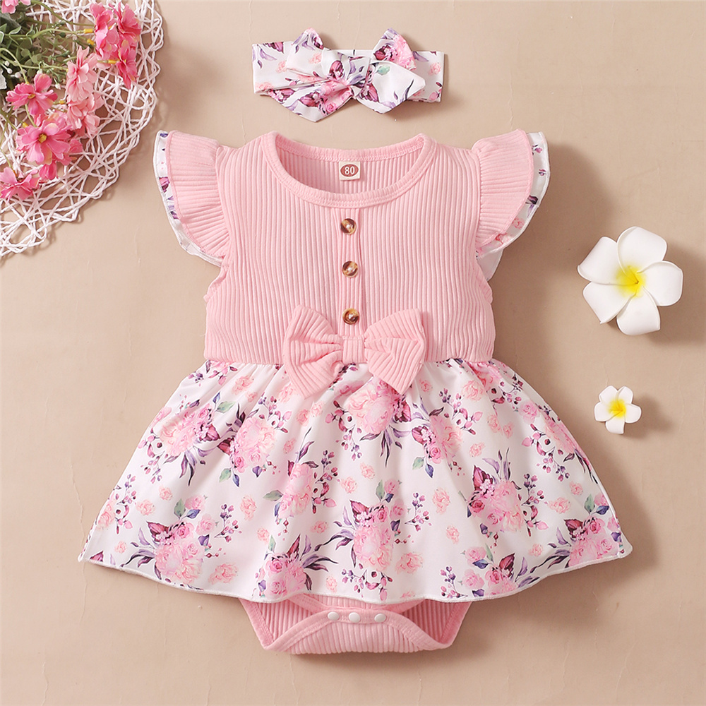 Baby Clothing Brand - 0-18เดือนชุดชั้นนอกลายดอกไม้เด็กผู้หญิงทารกชุดแขนยาวฤดูร้อน Ribbed Jumpsuit Headband ทารกแรกเกิดสาว2PCS ชุด