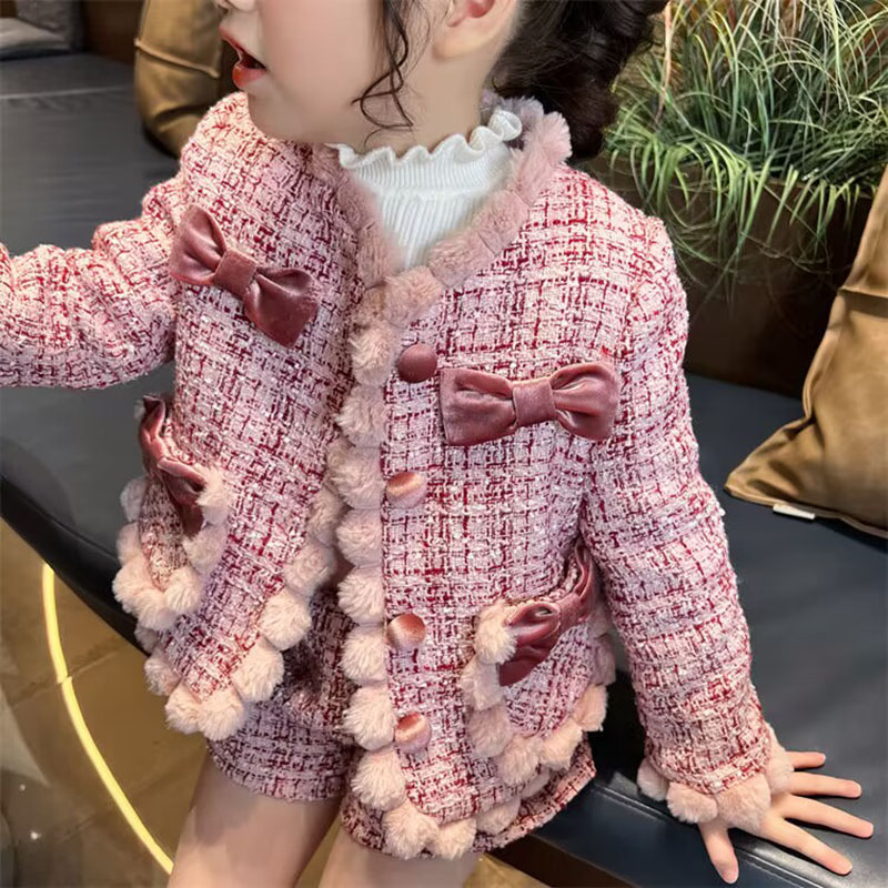Baby Clothing Designer - ชุดเสื้อโค้ทผ้าสักหลาดและกางเกงขาสั้นผ้าสักหลาดสำหรับเด็กผู้หญิงชุดเสื้อผ้าสำหรับเด็กฤดูใบไม้ร่วงฤดูหนาวอันอบอุ่นชุดวัยรุ่นสำหรับ2-7Years